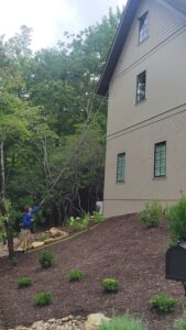 Professional window cleaner using a water-fed pole on a mountain home in Western North Carolina.
